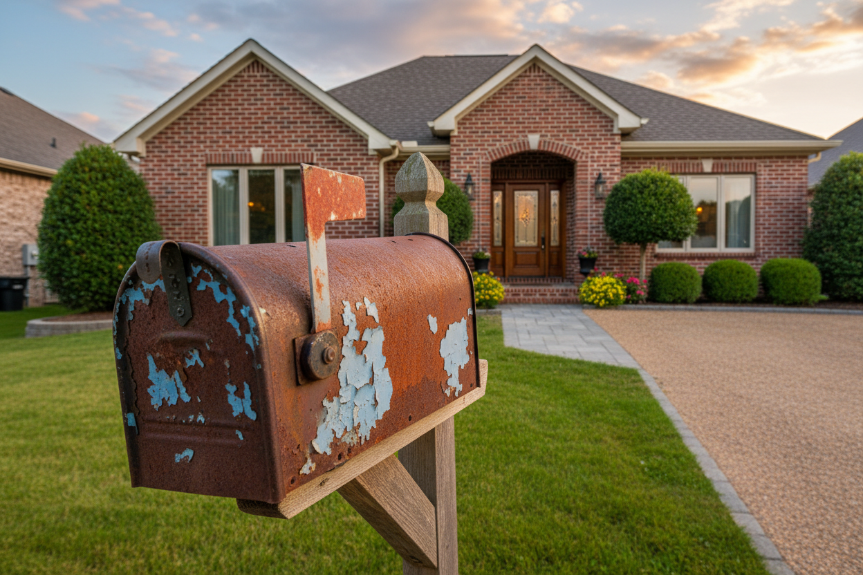 Old beat up mailbox in front of new brick house